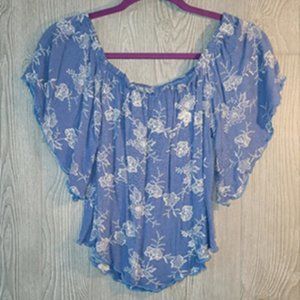 TOP 10 Blue Embroidered Off-Shoulder Top LG